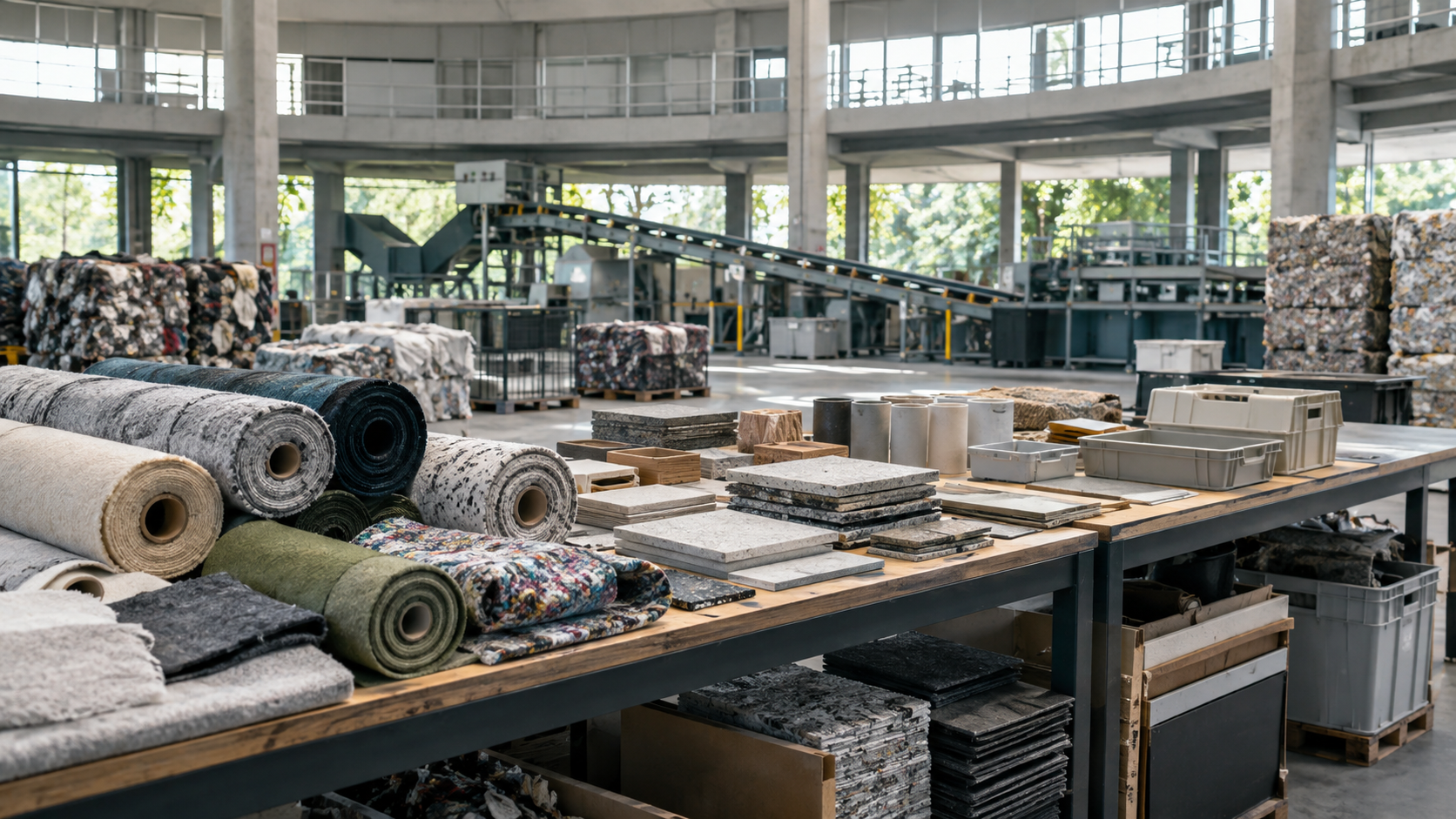 Photorealistic editorial visualisation of circular textile and construction-material supply chains; illustrative, not a documentary photograph.
