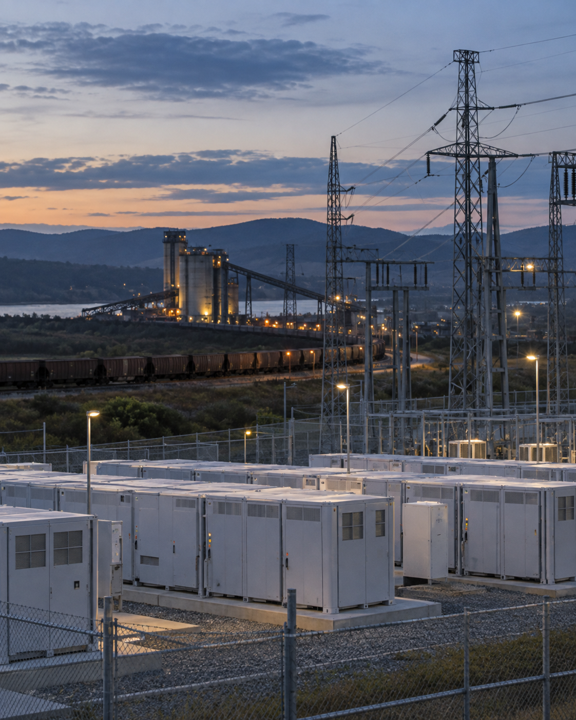 Editorial visualisation of fictional grid and battery infrastructure at blue hour; illustrative, not a documentary photograph.