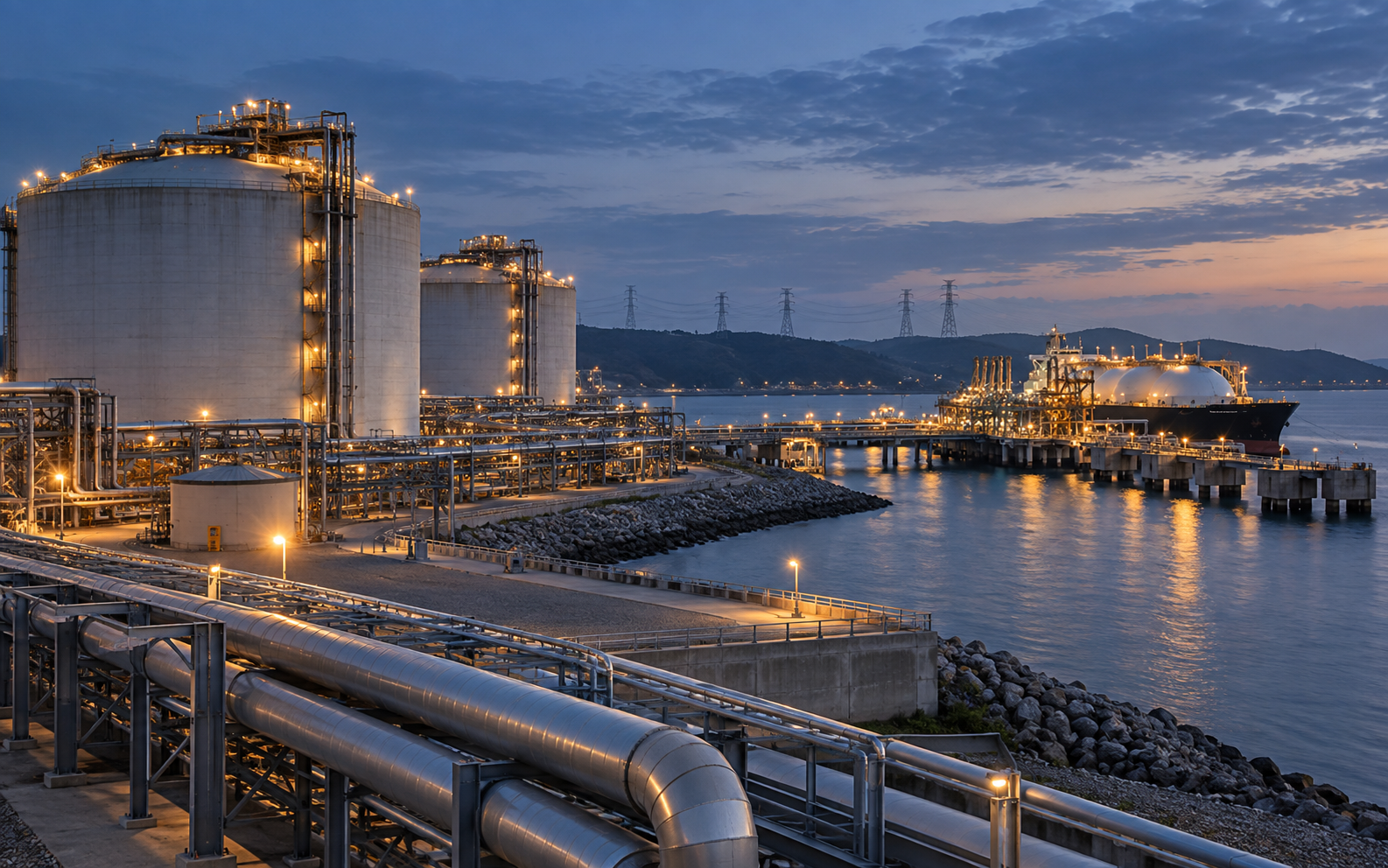 Editorial visualisation of fictional coastal gas infrastructure at dusk; not a documentary photograph.