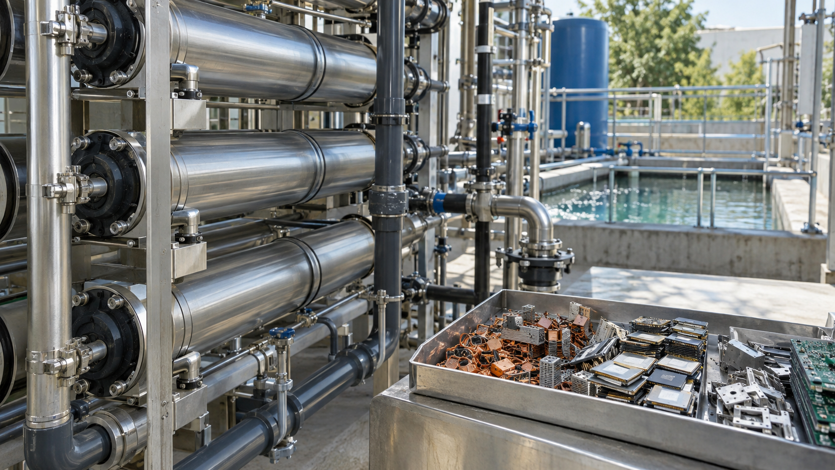Photorealistic editorial visualisation of recovered materials, water-reuse technology and circular product innovation; illustrative, not a documentary photograph.