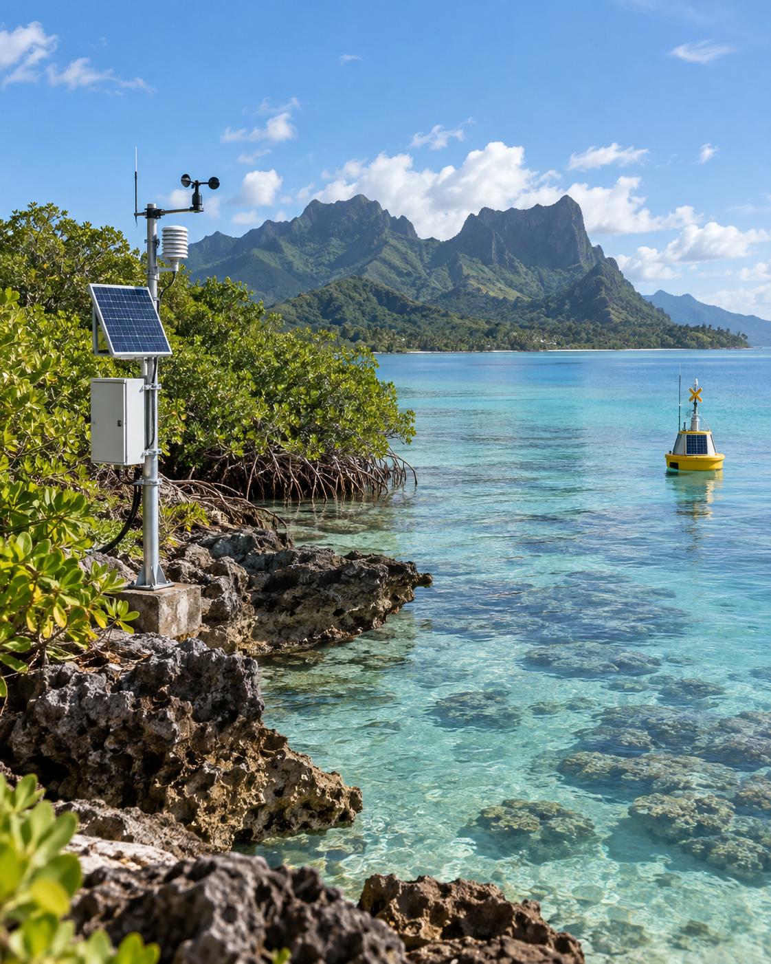 Editorial visualisation of a fictional Pacific coral lagoon with early-warning equipment; illustrative, not a documentary photograph.