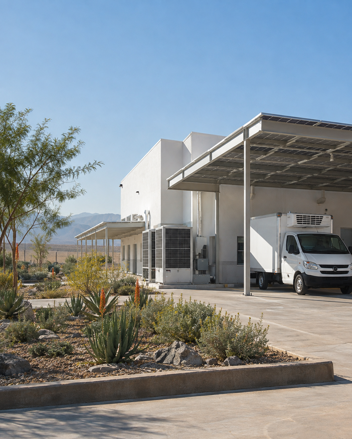 Editorial visualisation of sustainable cold-chain infrastructure in a hot climate; not a documentary photograph.