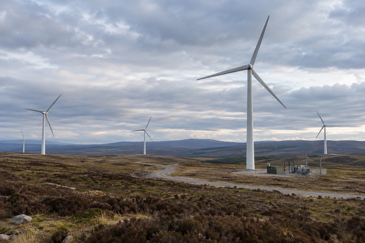 Editorial visualisation illustrating Whitelee Windfarm; not a documentary photograph