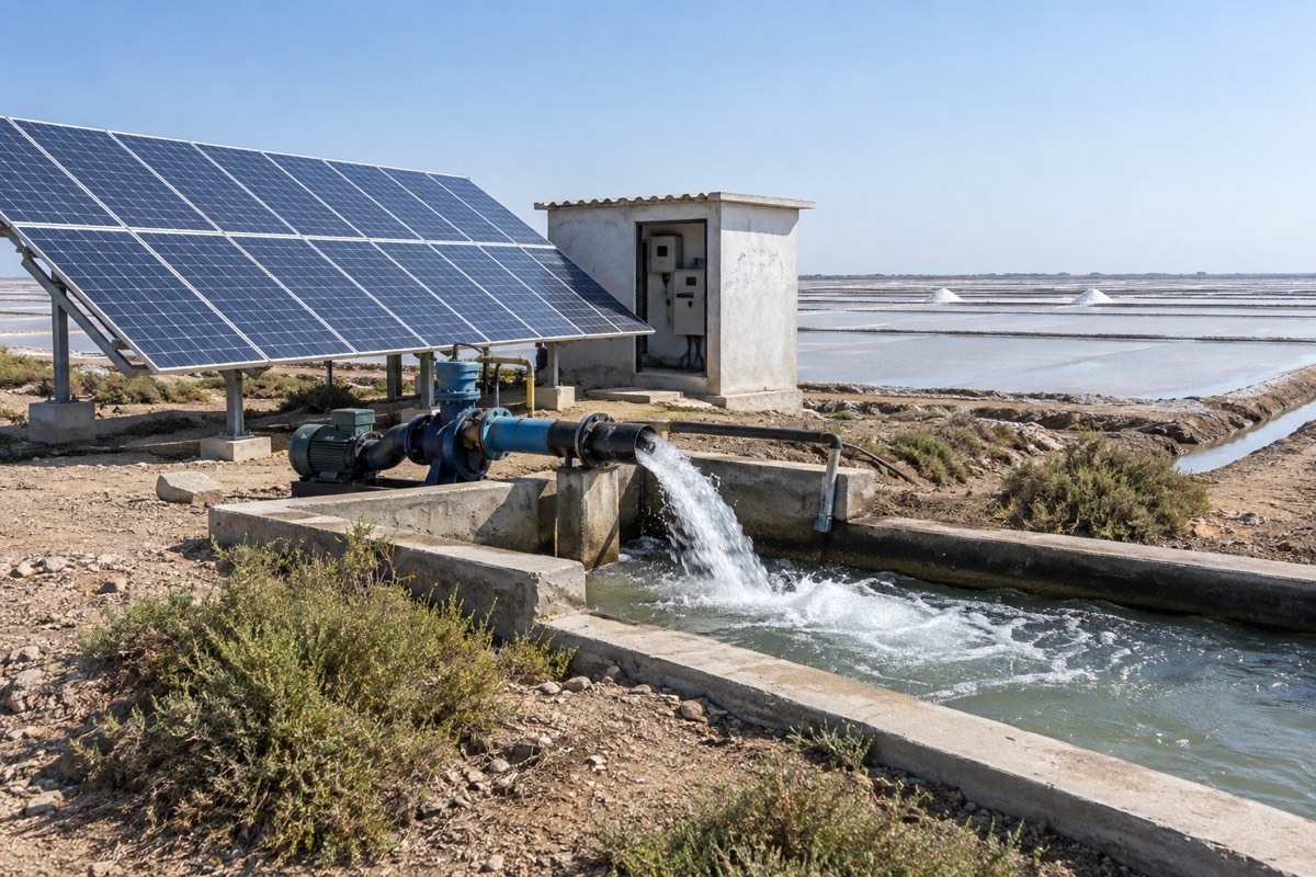 Editorial visualisation illustrating Solar Water Pumps for salt farmers of Kutch; not a documentary photograph